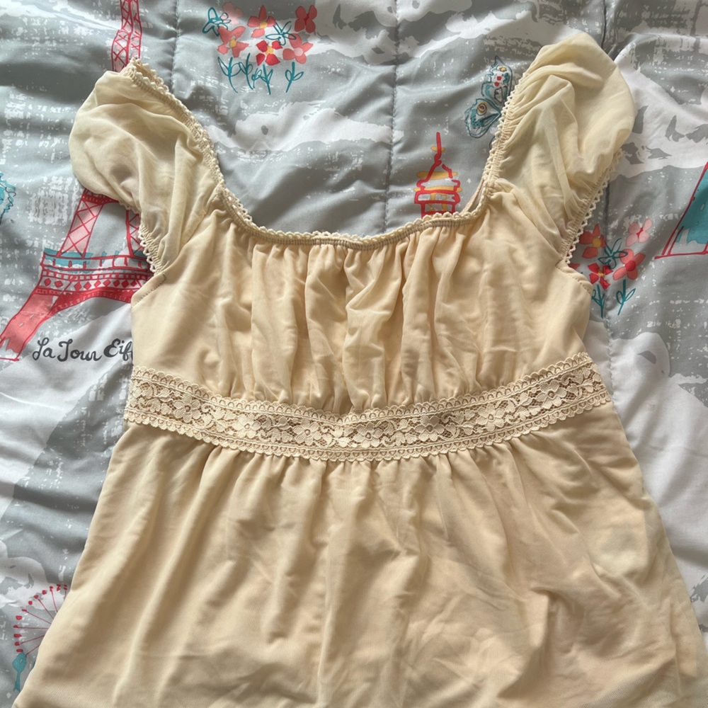 SHEIN Cream Ruffled Short Sleeve Smocked Waist Blouse